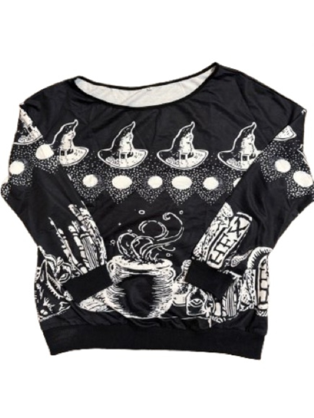 Vtg-Style Spellcraft Halloween Off-Sholder Sweatshirt-Black & White Graphic-XL